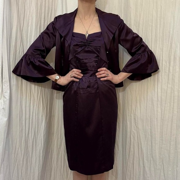 Newport News Dresses & Skirts - Deep Purple Dress with Bell Sleeve Jacket by‎ Newport News Vintage 90s